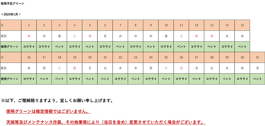 2025年1月使用予定グリーン表